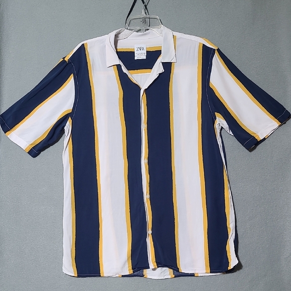 ZARA Men's Navy, Yellow & White Striped Button Up Short Sleeve Shirt - Sz Large - Picture 1 of 10